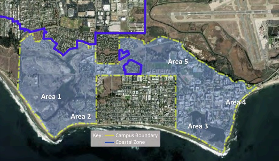 aerial image of UCSB and surrounding numbered areas one through five