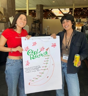 Shown are two young women, standing close together in front of a large poster board with a hand-drawn image of a banana split on it. The poster board has a hand-written message that says "Goal Reached" at the top, and has a thermometer-like graphic with a goal of $1,000. 