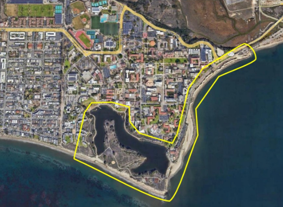 aerial view of UCSB with the lagoon and cliffs encircled