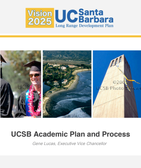 three thumbnail images of a student in graduating regalia an aerial view of a beach and a ground up photo of Storke Tower
