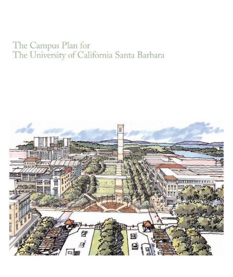 illustrated aerial view of Storke Tower in the distance with various other UCSB buildings