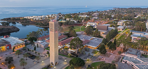 Aerial view of UCSB campus with Storke tower displayed at sunset