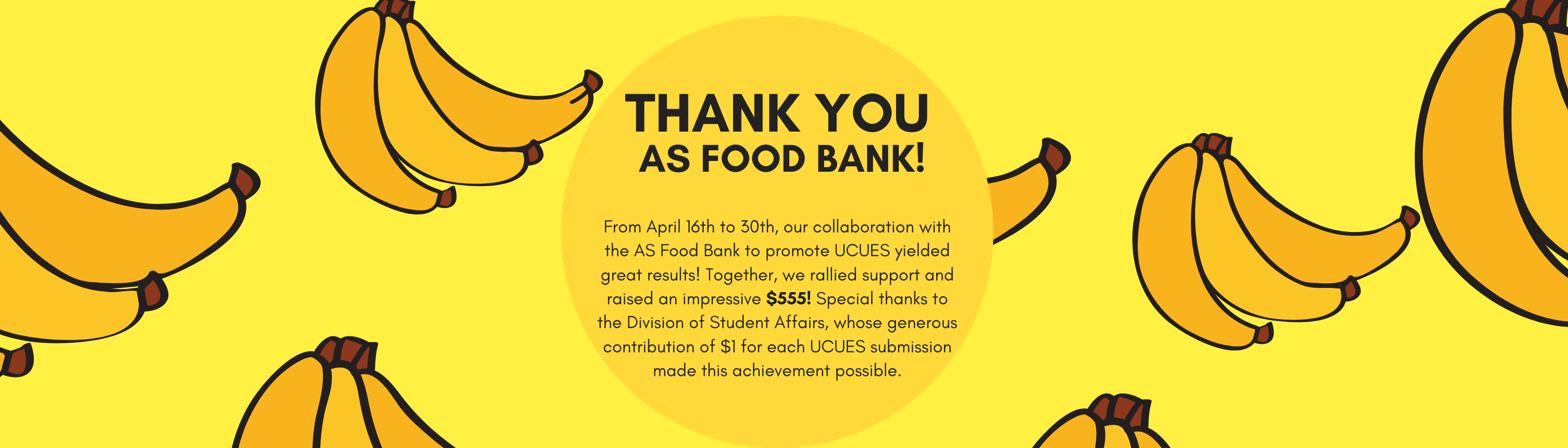 yellow background with graphics of banana bunches and a circle in the middle with text thanking the associated students food bank