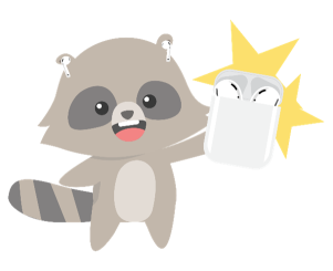 image of "Mapache" a cartoon raccoon holding an Airpods case