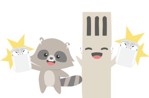 image of anthropomorphic Storke tower and a raccoon holding Airpod cases