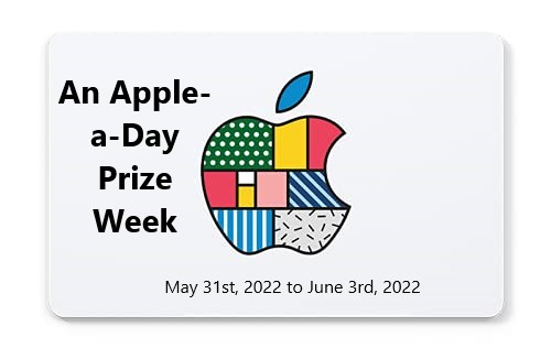 Apple company logo with various colored decorative patterns inside it and An Apple-a-Day Prize Week title to its left.